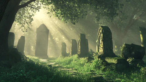 Sunlit stone grave markers stand in a dense forest clearing