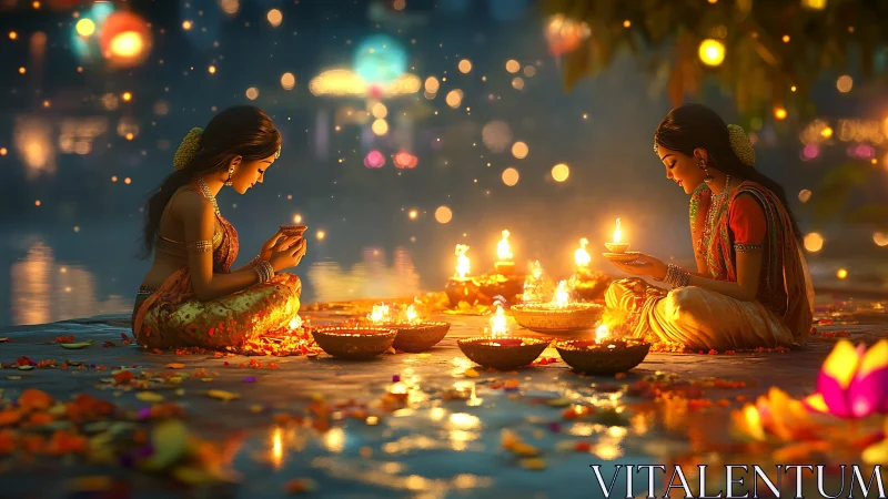 Evening riverbank diya ritual with girls in festive saris