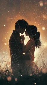 Silhouetted Couple In Rain: Backlit Embraced Figures Against Amber Luminescence