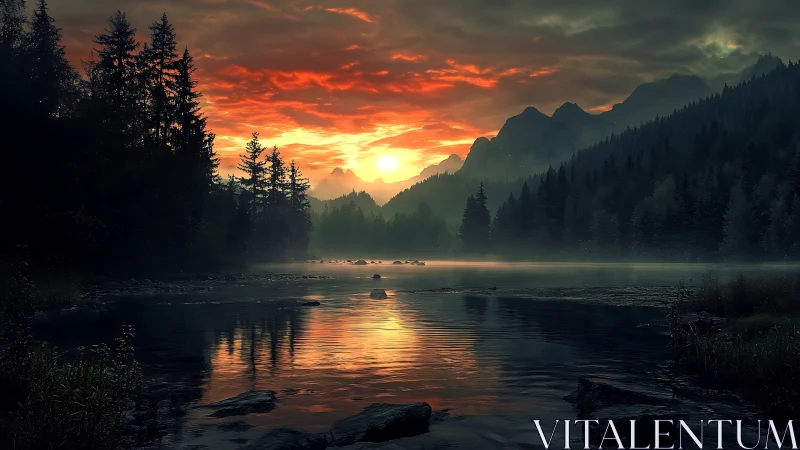 Sunset hush over a misty forest lake in the mountains.
