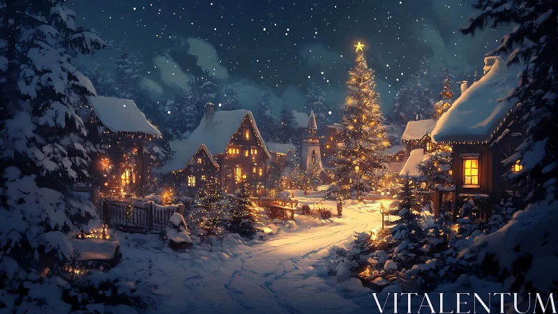 Snow covered village square with lit Christmas tree at night.