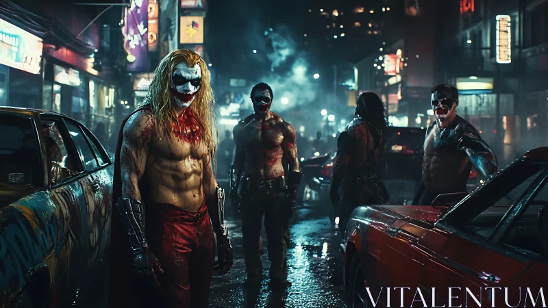 Masked street gang stalks a neon‑lit, rain‑slicked city night.