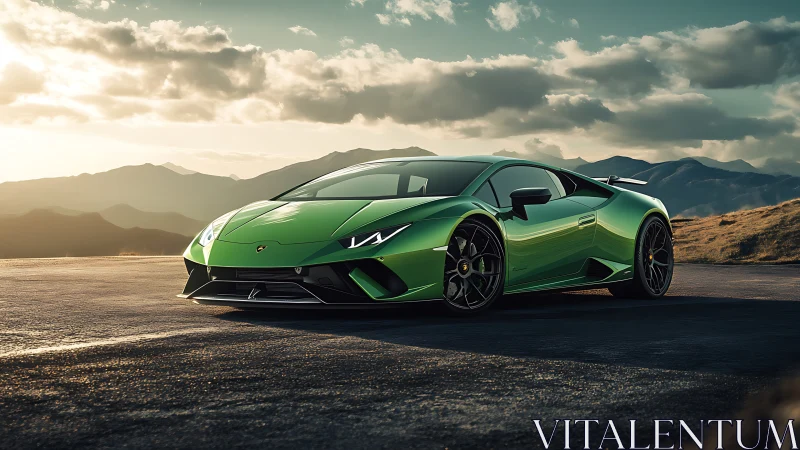 Aerodynamic emerald supercar under alpine golden hour light.