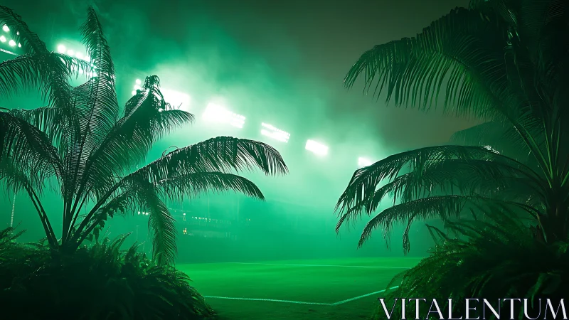 Foglit tropical tennis court framed by backlit palm trees