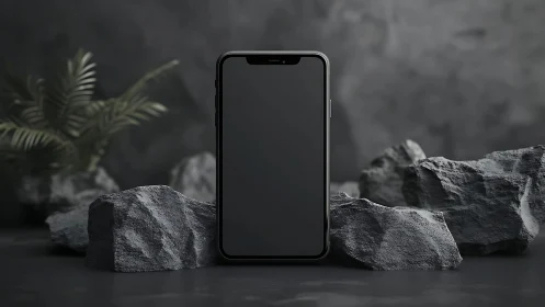 Black smartphone mockup with notch display against textured stone surfaces and botanical elements.