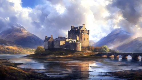 Sunlit highland castle rises over misty mountain loch