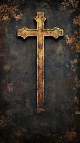 Weathered golden cross on distressed textured wall surface.