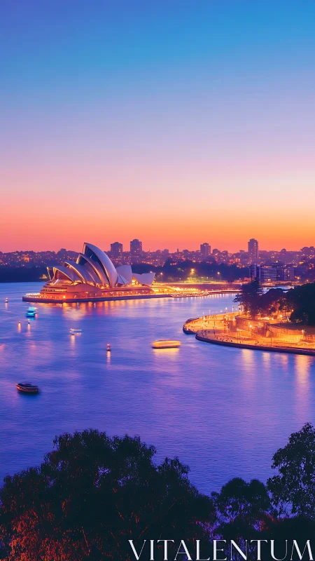 Sydney harbour skyline glows under vivid twilight gradient