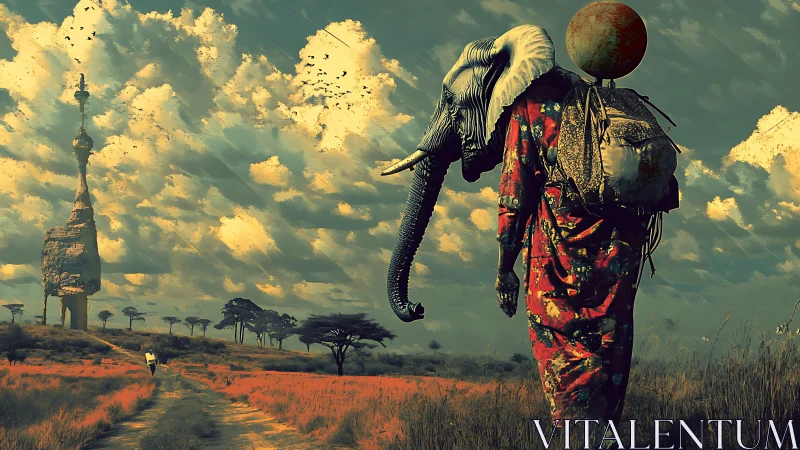 Dreamlike desert traveler with elephant spirit companion.