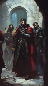 Armored captains advance through arched stone gateway in chiaroscuro