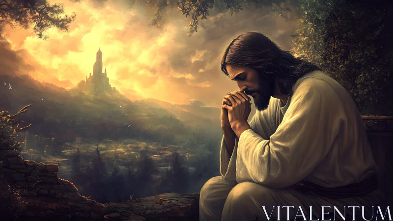 Sunlit hillside prayer before a distant golden citadel.