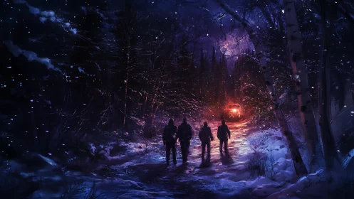 Snowbound night trek toward mysterious forest light.