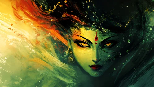 Mystical goddess face with fiery hair in swirling colors.