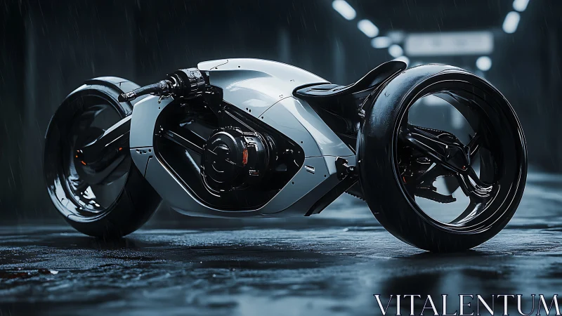 Cyberpunk monocoque hoverbike in rain-soaked tunnel render.
