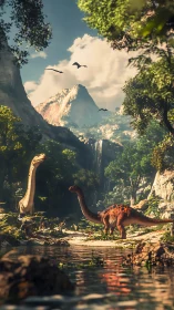 3D prehistoric valley with sauropod dinosaurs and waterfall vista.