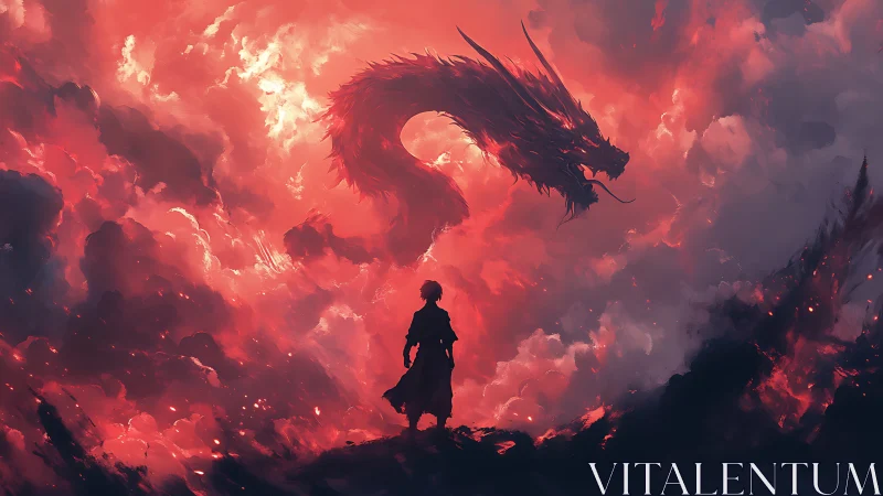 Storm-lit silhouette confronting infernal dragon in clouds.