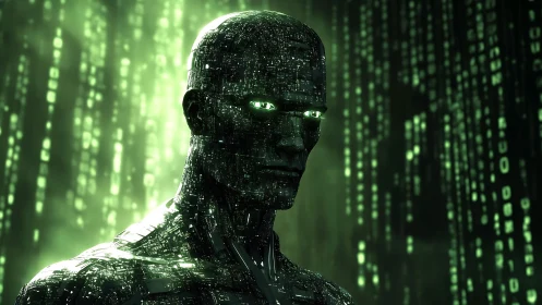 Digital humanoid construct in green data matrix environment.