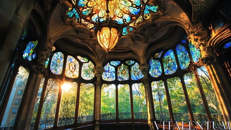 Stained glass gallery with ornate ceiling and sunset light.