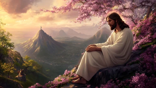 Serene robed figure contemplates valley beneath glowing dawn.