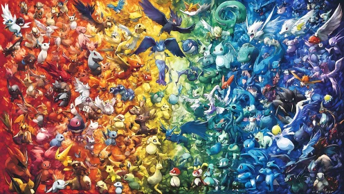 Multicolored arrangement of stylized fantasy creatures in spectrum.