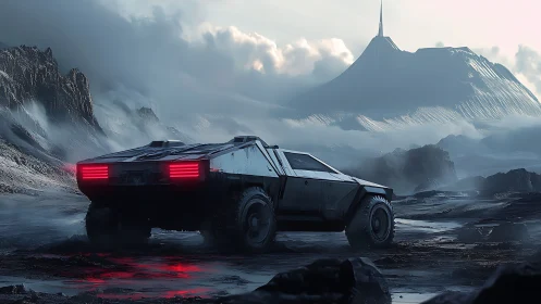 Futuristic rover pauses on a misty alien mountain road.