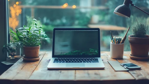 Laptop workstation with plants on wooden desk by window.