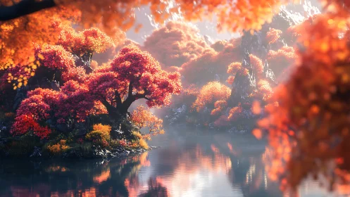 Radiant volumetric forest island reflected in tranquil lake.