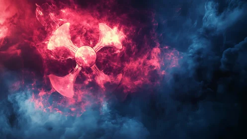 Radiant radioactive symbol in crimson nebula cloudscape.