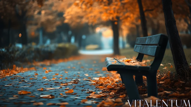 Shallow depth of field isolates autumn park bench on leaf‑strewn path