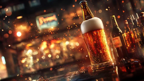 Chilled beer glass glows under warm bokeh bar lights