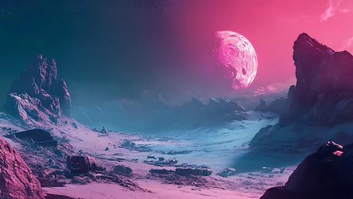 Alien ice plateau with cratered moon under magenta sky.