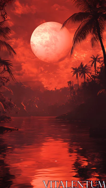Spectral crimson river under oversized lunar eclipse rendering.