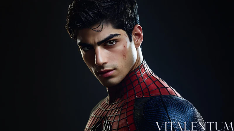 Brooding spider-suited hero in dramatic studio portrait.