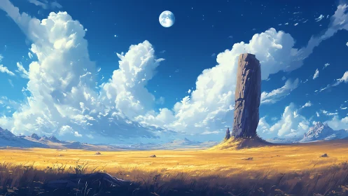 Lone stone monolith rises over golden plains beneath moonlit sky