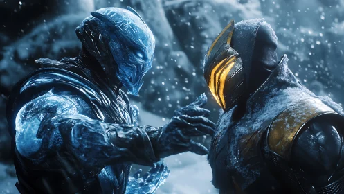Frozen armored warriors clash amid dynamic blizzard lighting.