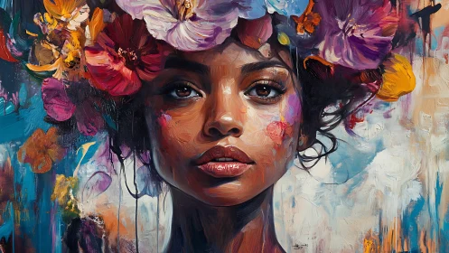 Portrait of a young woman in vivid floral crown rendered painterly