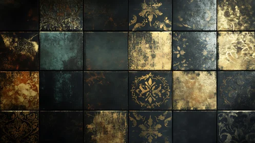 Vintage metallic tile wall with distressed gold patterns.