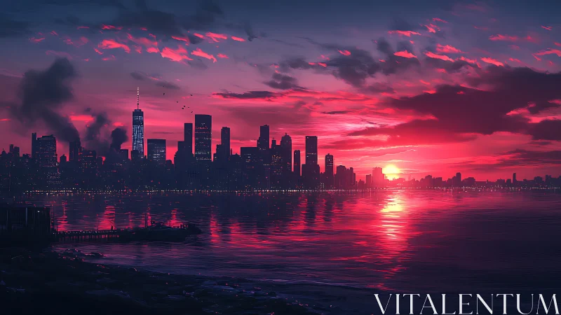 Neon-lit city skyline glows under a vivid crimson sunset.