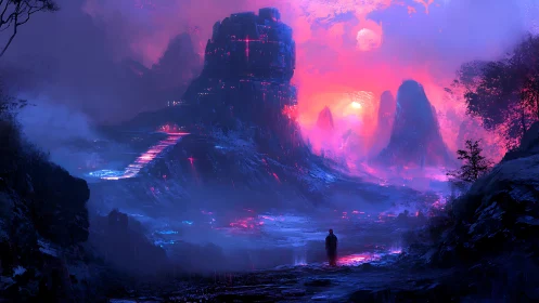 Neon pilgrim at the violet citadel beneath twin suns.