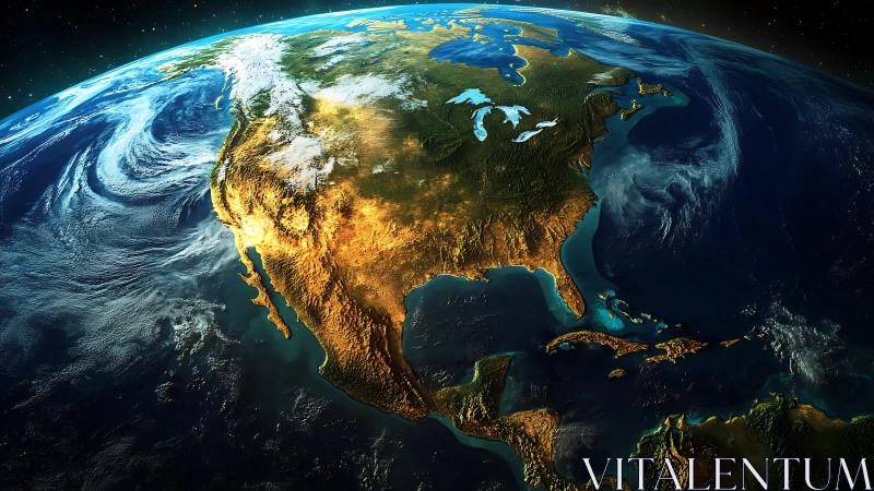 North America from space with coastlines, clouds, and light.