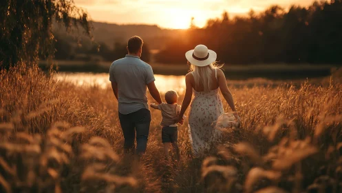 Backlit family walking through golden meadow at sunset.