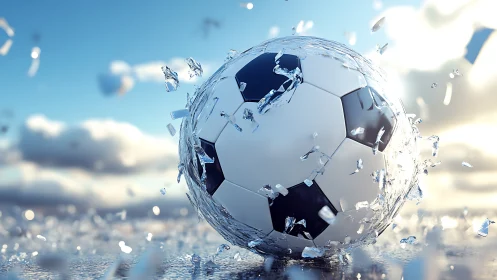 Shattering droplets crown the soaring soccer ball in mid-flight