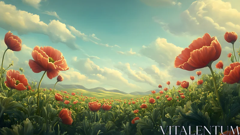 Rustling poppies lean into a sunlit, cloud-brushed morning