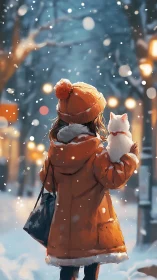 Girl in orange coat holding white cat in snowy street scene.