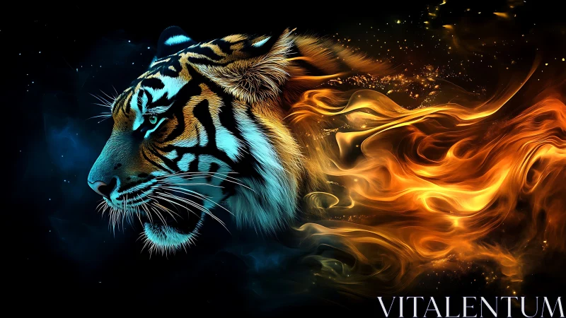 Majestic cosmic tiger wrapped in swirling fire and starlight.