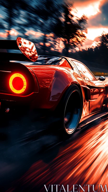 Red sports car moves at speed on wet track at sunset