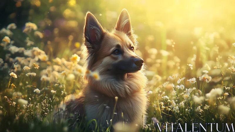 Sunlit meadow daydreams with a soft-furred canine sentinel.