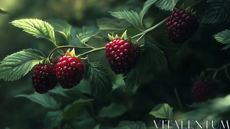 Sunlit bramble berries glowing in a quiet green garden.