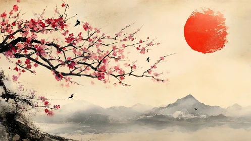 Crimson sun over ink-wash mountains and cherry blossoms.