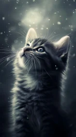 Kitten gazing upward surrounded by bokeh light particles